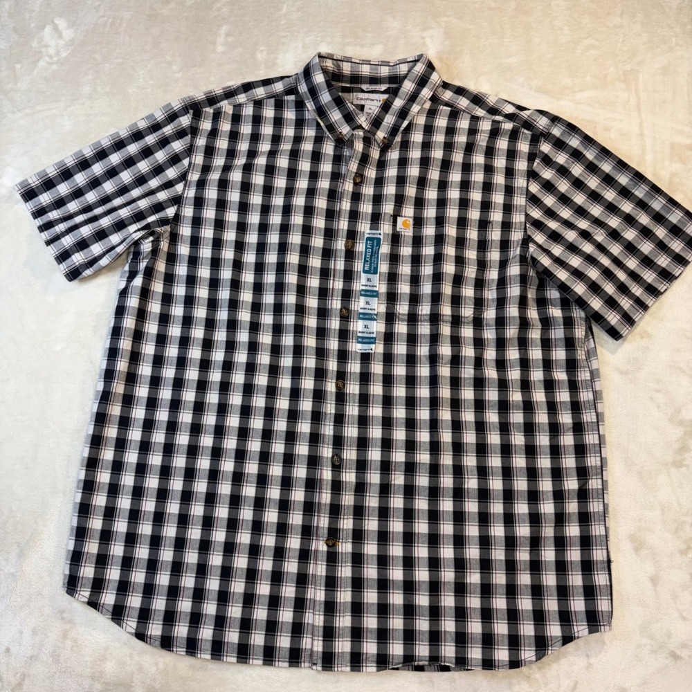Carhartt Mens Relaxed Fit Short Sleeve Plaid Button Down Shirt Black White XL